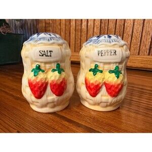 Vintage Strawberry Basket Salt Pepper Shakers Ceramic Dominica Cottagecore